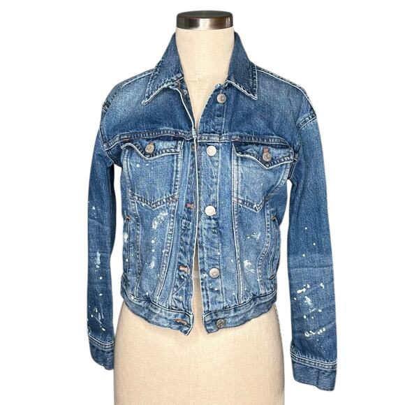 MADEWELL Boxy Crop Distressed Blue Denim Jacket Women's Size XXS Splatter Chic - Picture 2 of 7